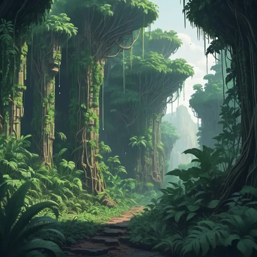 Prompt: High fantasy jungle forest with cliffs and trees with very long leaves touching the ground, vines, pixelart, Award Winning, Trending on Artstation, 8k, UHD