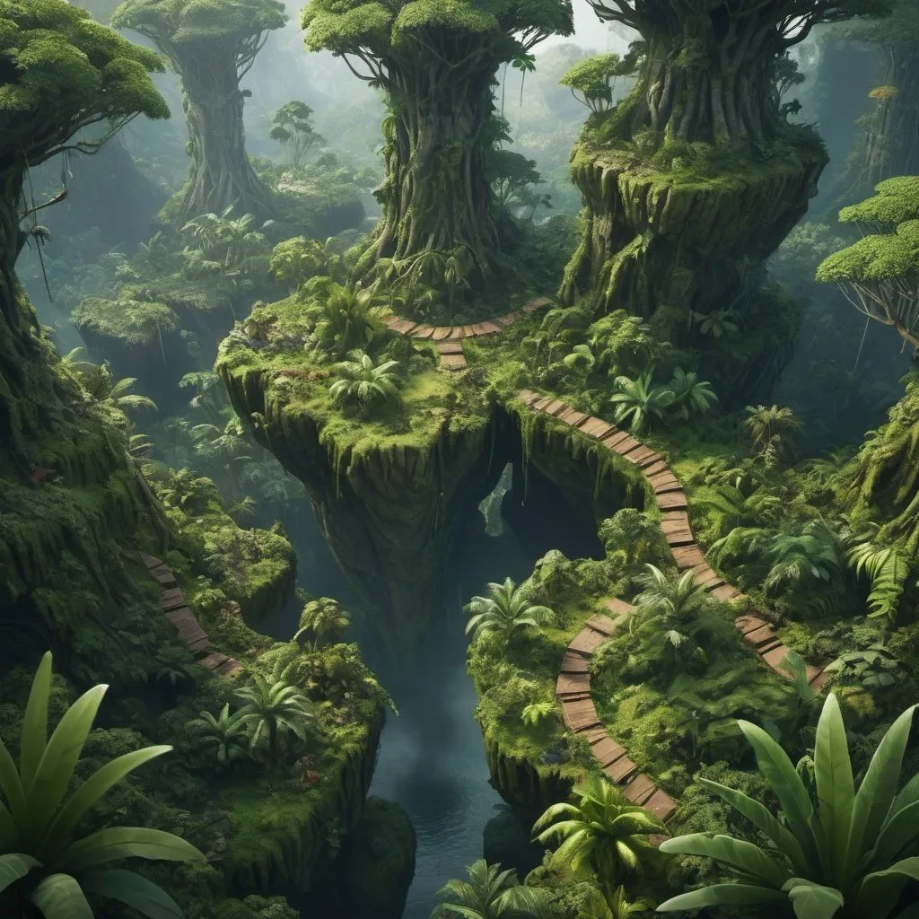 Prompt: A pandora jungle forest with a lot of small plateaux at different heigth, isometric view, top view from afar, ultra-realistic, 8k, UHD, Award Winning, Trending on Artstation