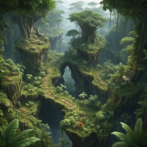 Prompt: A pandora jungle forest with a lot of small plateaux at different heigth, isometric view, top view from afar, ultra-realistic, 8k, UHD, Award Winning, Trending on Artstation