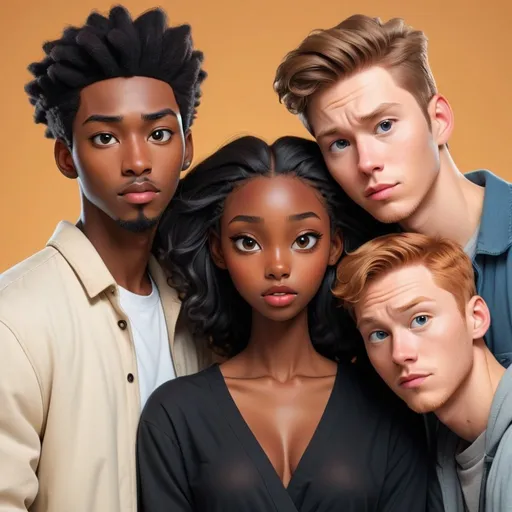 Prompt: Story cover page about a beautiful black girl caught in a love rectangle between 3 guys  a white guy, korean guy and a black guy. The three guys stare at beautiful black girl 