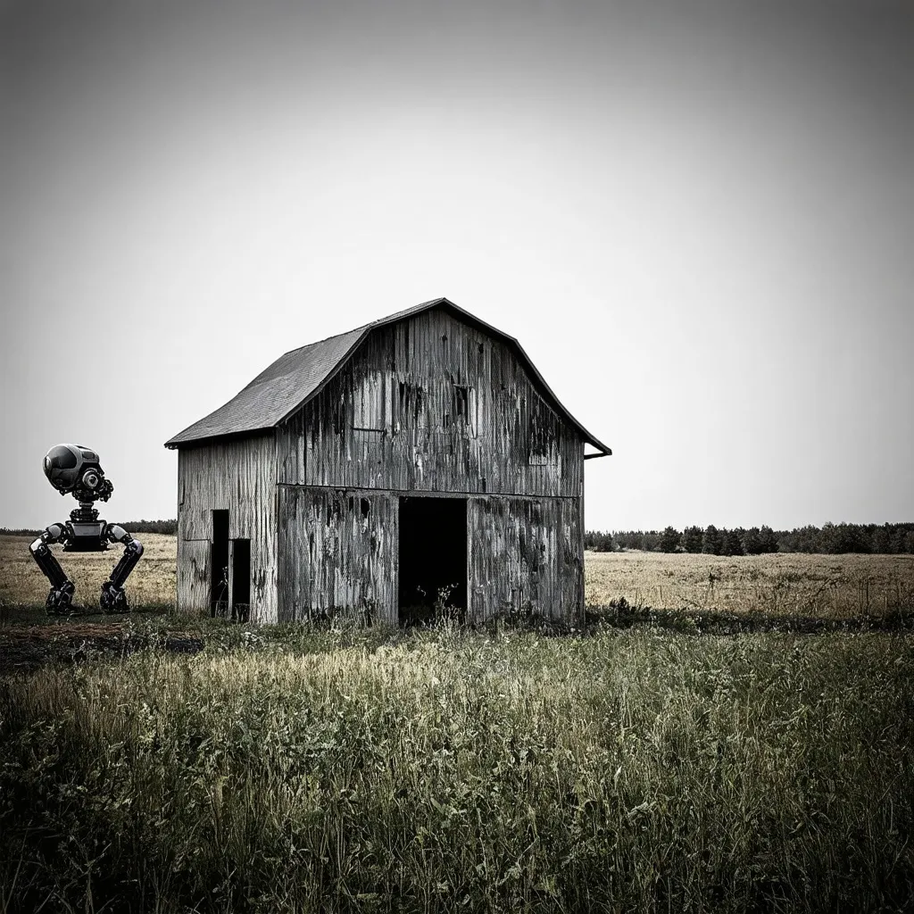 Prompt: a little decayed old (vintage historical photography:1.5) of a barn with a futuristic robotic construction looming in the distance, atmospheric, humorous, whimsical