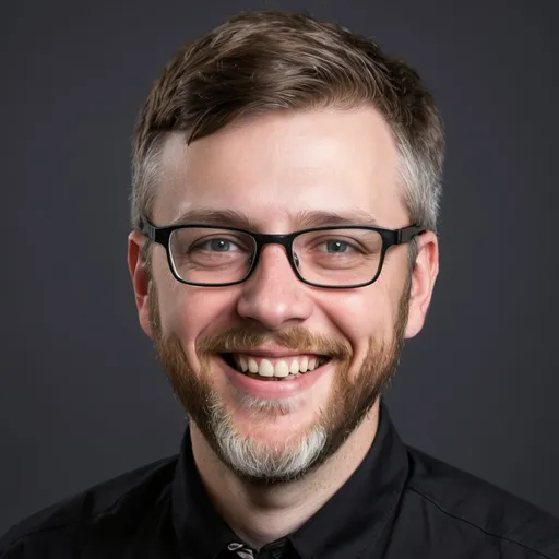 Prompt: a man with a beard and glasses smiling for a picture in a black collared shirt, Fletcher Martin, academic art, professional photo, a character portrait