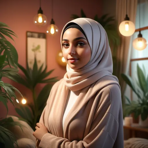 Prompt: girl with hijab standing in a cozy room, warm lighting casting soft shadows, (detailed facial features), (gentle expression), wearing a stylish and colorful hijab, surrounded by inviting decor, lush plants, it’s a peaceful atmosphere, inviting warmth and serenity, plush furniture, soft textures, (4K) ultra-detailed, vibrant color palette, elegant and comfortable ambiance.