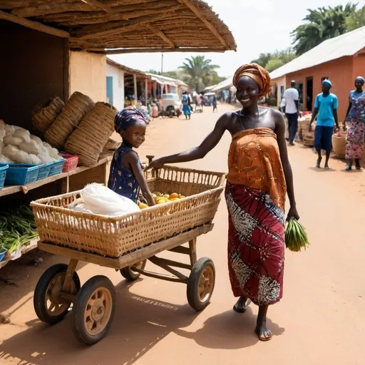 Prompt: African woman Gambia shopping at a village market with a little girl pulling a woven cart