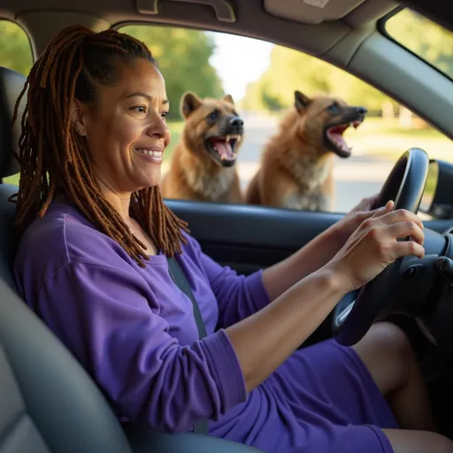 Prompt: @s0zlLpV6nnJRpXNpVfAC A vibrant scene featuring an exhausted mom, shoulder length reddish brown locks in a casual purple maxi dress embodying @s0zlLpV6nnJRpXNpVfAC, confidently driving a sleek, modern car. The interior is filled with soft, ambient light from the dashboard, illuminating her focused expression. In the backseat, three animated hyenas are engaged in a lively argument, their mouths open mid-yell, showcasing their sharp teeth and expressive faces. The car is speeding down a sunlit road, surrounded by lush greenery, with trees blurring past in the background. The sunlight filters through the windshield, casting playful shadows inside the vehicle, enhancing the dynamic atmosphere of this chaotic yet humorous moment. the hyenas are in the car arguing with each other like siblings