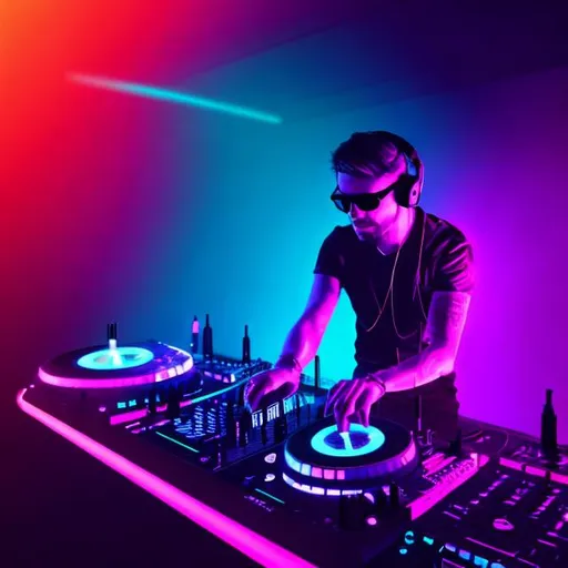Prompt: A dj in a club with neon pink and blue Light and vignetten effect