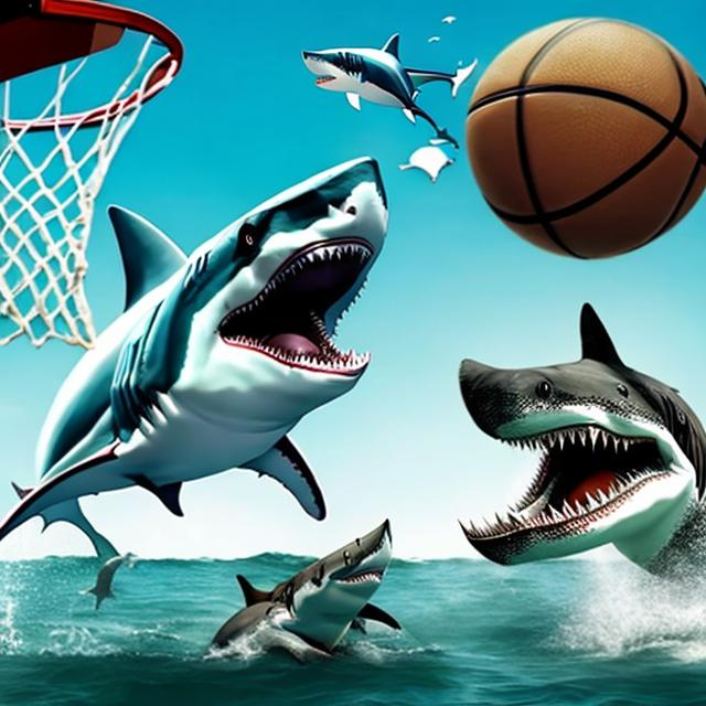 Prompt: a shark playing basketball in the air, and almost dunking the ball while alligators try to stop him
