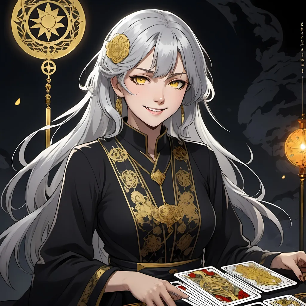 Prompt: tarot card Anime illustration, a silver-haired woman, Japanese school dress in black, dramatic lighting, A malicious smile, A deadly look, Golden eyes