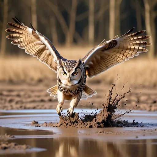 Prompt: owl flying over mud wher is wildboars