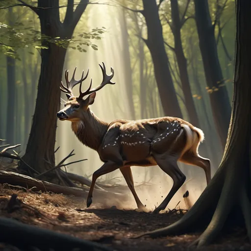 Prompt: (intriguing scene of an injured deer) fleeing rapidly, depicted with distressed expression, surrounded by a (tense atmosphere), (forest backdrop), dappled sunlight filtering through branches, (angry hunter) in pursuit, (dynamic motion) capturing urgency, rich earthy tones with a sense of urgency, (ultra-detailed), (4K), evocative emotions highlighting the struggle between predator and prey.