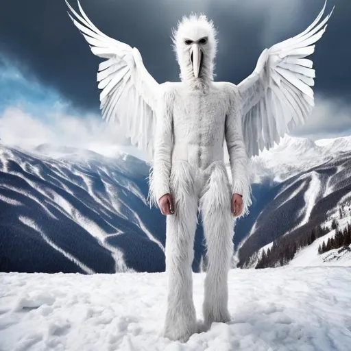 Prompt: Tall white humanoid bird man in cold snowy mountain

