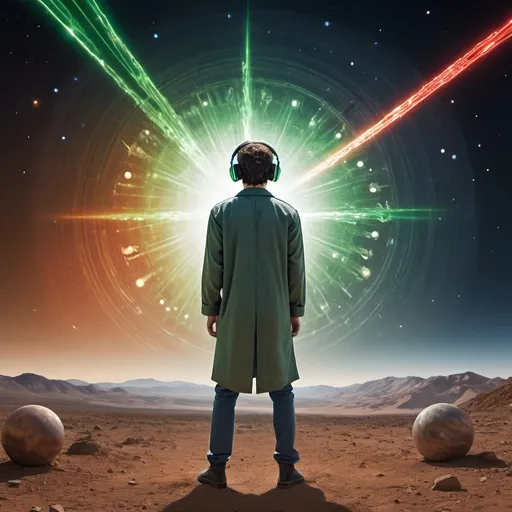 Prompt: The photo shows a young man in his twenties, standing confidently looking at the sunless planet. A powerful laser beam was emitted from his eyes, illuminating the deep space in front of him. He wears high-end headphones and seems to shake the ground he stands on with the force of his presence. Beneath his feet, the four seasons – spring, summer, fall and winter – can be seen embodied in different grounds, each holding a large city bustling with life. Behind him, a priceless luxury car stands, reflecting its brilliance and brilliance against the changing seasons. In front of him, stars twinkle and cosmic explosions explode, adding stunning beauty to the scene. A neutron star revolves around it, and around this star a modern train runs, which appears to be traveling through time and space. The young man stands on a piece of paper that looks like an exam paper, a symbol of the challenges and tests that a person faces. In his hands, he holds two robotic arms that can move reality itself, giving him the ability to control time, space, and seasons. The photo shows the young man from behind, revealing bullet marks from an automatic weapon on his back, evidence of the battles he fought. Around his feet, diamond wires stretch that absorb energy from the ground, enhancing his strength and control. The three primary lights - red, green and blue - are reflected from all sides on it, creating a stunning visual effect. The young man appears problematic and powerful, in control of his future, his reality, his history, and his society. Planets and stars adorn Pharaonic, Roman and Greek civilisations, reflecting man's influence on the universe and his rich cultural heritage. The image speaks of the power of man and his ability to control his destiny and shape his reality, and it is an embodiment of the unlimited potential that every individual holds. 