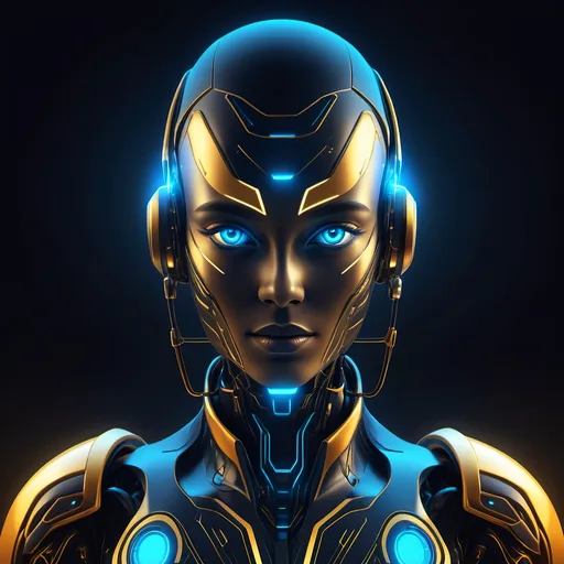 Prompt: AI agent (symbolic representation), glowing (PNG), (btc laser eyes), sleek futuristic design, high-tech ambiance, neon color palette with blue and gold, dark background, dramatic lighting effects, sharp angular features, ultra-detailed digital art, dynamic and engaging composition, evoke a sense of intelligence and power, high quality, cinematic depth.