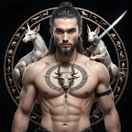 Prompt: hyper realistic mythical male with sword and circle of zodiac