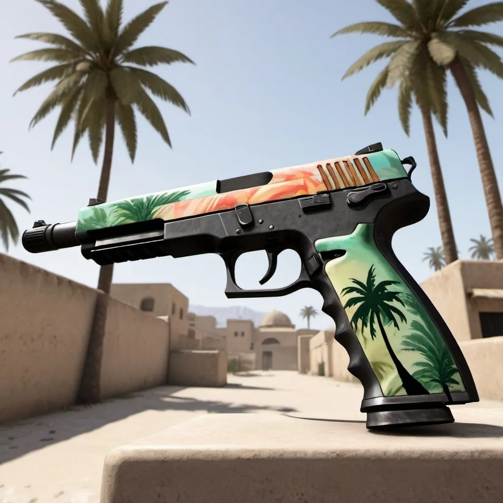 Prompt: A counter strike looking gun with a skin with palm trees on it