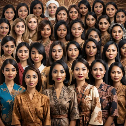 Prompt: Please create a 4D image of a group of women from various ethnicities, cultures, and religions in Indonesia standing together, facing forward as if they are looking at a great leader. The women should be dressed in traditional Indonesian attire, representing various regions such as Batik, Kebaya, traditional Balinese, Dayak, and Papuan clothing, as well as wearing hijabs and other religious symbols. The image should capture the diversity and unity of Indonesia, with the women displaying expressions of respect and admiration. Use realistic lighting and shadow effects to enhance the depth and detail of the scene