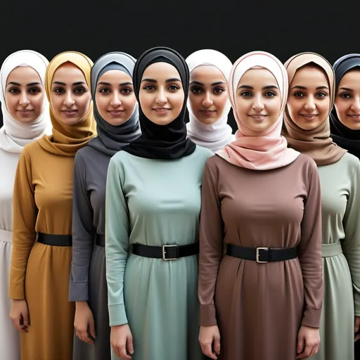 Prompt: Create a realistic 4D image of a group of women standing in a row. The group should include women who are wearing hijabs and those who are not, with ages ranging from 18 to 40 years. All individuals should be facing forward.