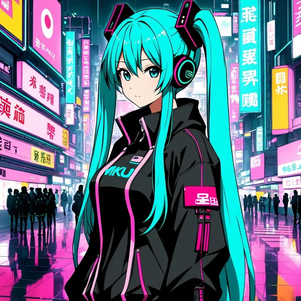 Prompt: cyberpunk Japan, hatsune miku, cyberpunk aesthetic, cyberpunk style, anime vibe, anime artstyle