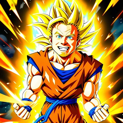 Prompt: Make a Dragon Ball Super Saiyan 3 out of Luc in an anime style. Luc is the guy in the provided image. Give him long blond hair like Goku. Also include lightning bolts.