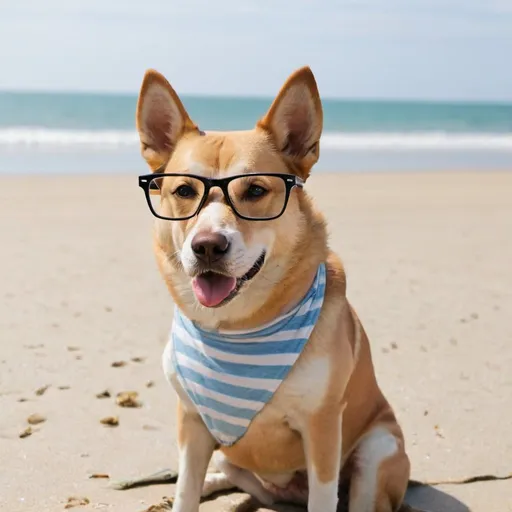 Prompt: a dog with glasses on the beach
