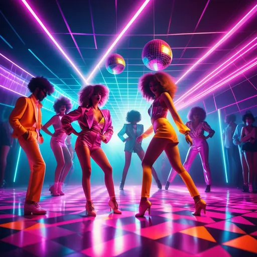 Prompt: (disco concept), vibrant 80s atmosphere, neon lights flashing, energetic dance floor, colorful disco balls reflecting light, dynamic movements of dancers, retro fashion with flashy outfits, upbeat and lively ambiance, textured background with geometric shapes, ultra-detailed, high-quality image, capturing the nostalgia of 80s disco culture.