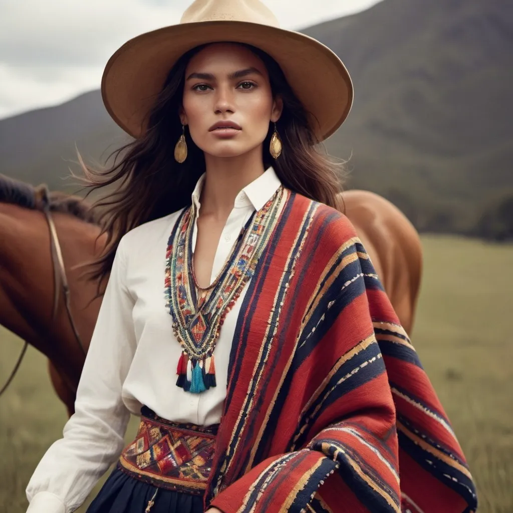 Prompt: /imagine an editorial fashion campaign of a latinamerican version of Ralph Lauren including traditional textiles in the styling 