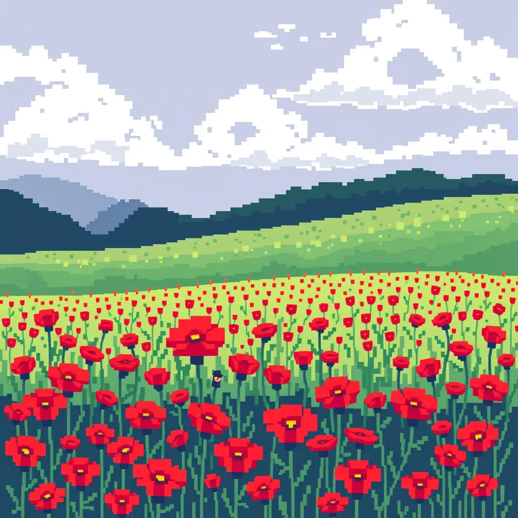 Prompt: Make a  pixel art of a red flower field 
