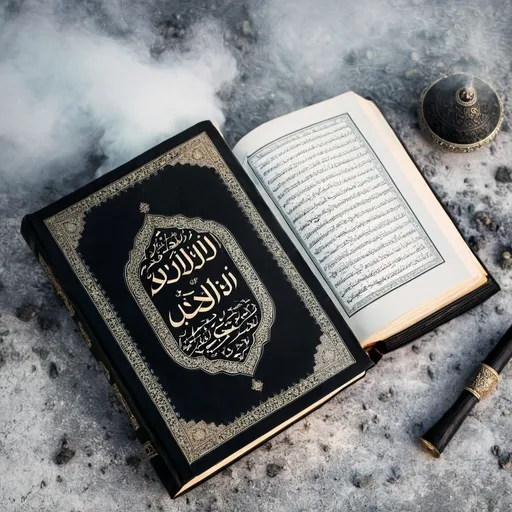 Prompt: A black Quran is placed on a table with a mist of Quran open to the page of Surah Yasin.