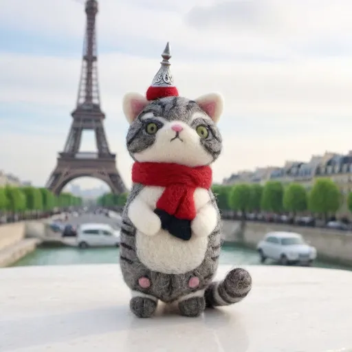 Prompt: (bicolor cat), gray and white fur, wearing a small red beret and scarf, standing in front of the Eiffel Tower, iconic Parisian backdrop, (quaint cafés), vibrant street with bustling tourists, charming architecture, (cheerful upbeat atmosphere), soft warm colors, beautifully detailed surroundings, with Parisian accents, capturing a whimsical travel vibe, (4K, ultra-detailed).