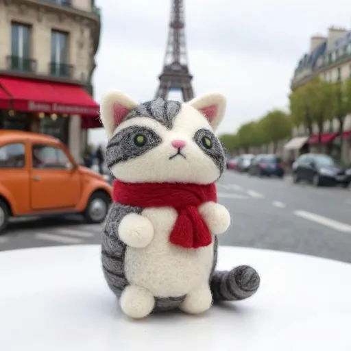 Prompt: (bicolor cat), gray and white fur, wearing a small red beret and scarf, standing in front of the Eiffel Tower, iconic Parisian backdrop, (quaint cafés), vibrant street with bustling tourists, charming architecture, (cheerful upbeat atmosphere), soft warm colors, beautifully detailed surroundings, with Parisian accents, capturing a whimsical travel vibe, (4K, ultra-detailed).