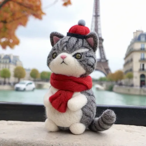 Prompt: (bicolor cat), gray and white fur, wearing a small red beret and scarf, standing in front of the Eiffel Tower, iconic Parisian backdrop, (quaint cafés), vibrant street with bustling tourists, charming architecture, (cheerful upbeat atmosphere), soft warm colors, beautifully detailed surroundings, with Parisian accents, capturing a whimsical travel vibe, (4K, ultra-detailed).