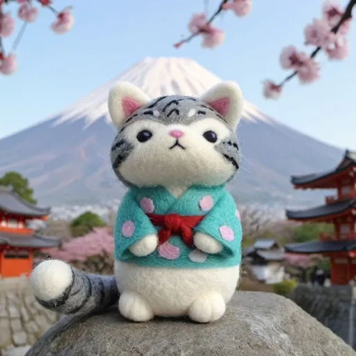 Prompt: (bicolor cat), gray and white fur,wearing a kimono, standing in front of the Mount Fuji, iconic classic Japanese countryside backdrop, vibrant street with bustling tourists, charming architecture, (cheerful upbeat atmosphere), soft warm colors, beautifully detailed surroundings, with Kyoto accents, capturing a whimsical travel vibe, (4K, ultra-detailed).