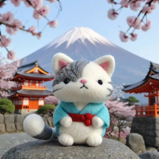 Prompt: (bicolor cat), gray and white fur,wearing a kimono, standing in front of the Mount Fuji, iconic classic Japanese countryside backdrop, vibrant street with bustling tourists, charming architecture, (cheerful upbeat atmosphere), soft warm colors, beautifully detailed surroundings, with Kyoto accents, capturing a whimsical travel vibe, (4K, ultra-detailed).