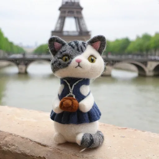 Prompt: gray and white calico cat is a tourist in Paris, France