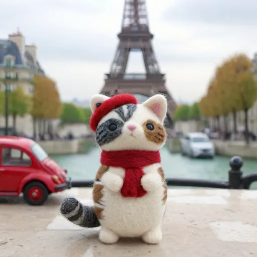 Prompt: (bicolor cat), gray and white fur, wearing a small red beret and scarf, standing in front of the Eiffel Tower, iconic Parisian backdrop, (quaint cafés), vibrant street with bustling tourists, charming architecture, (cheerful upbeat atmosphere), soft warm colors, beautifully detailed surroundings, with Parisian accents, capturing a whimsical travel vibe, (4K, ultra-detailed).