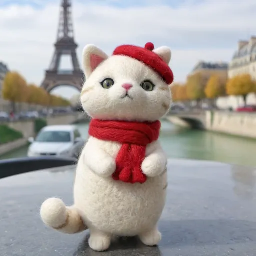 Prompt: (bicolor cat), gray and white fur, wearing a small red beret and scarf, standing in front of the Eiffel Tower, iconic Parisian backdrop, (quaint cafés), vibrant street with bustling tourists, charming architecture, (cheerful upbeat atmosphere), soft warm colors, beautifully detailed surroundings, with Parisian accents, capturing a whimsical travel vibe, (4K, ultra-detailed).