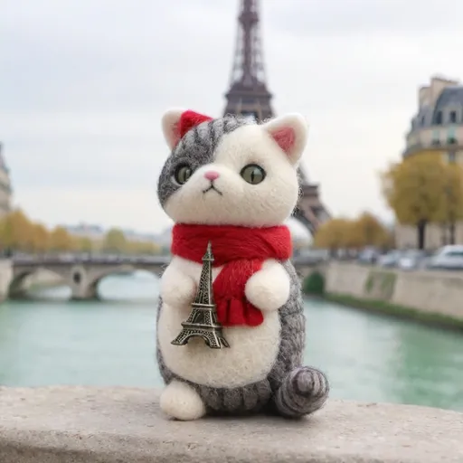 Prompt: (bicolor cat), gray and white fur, wearing a small red beret and scarf, standing in front of the Eiffel Tower, iconic Parisian backdrop, (quaint cafés), vibrant street with bustling tourists, charming architecture, (cheerful upbeat atmosphere), soft warm colors, beautifully detailed surroundings, with Parisian accents, capturing a whimsical travel vibe, (4K, ultra-detailed).