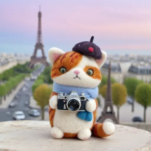 Prompt: gray and white calico cat is a tourist in Paris, France