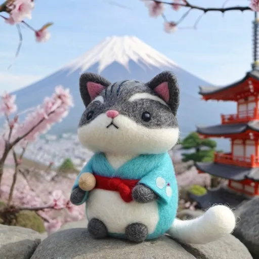 Prompt: (bicolor cat), gray and white fur,wearing a kimono, standing in front of the Mount Fuji, iconic classic Japanese countryside backdrop, vibrant street with bustling tourists, charming architecture, (cheerful upbeat atmosphere), soft warm colors, beautifully detailed surroundings, with Kyoto accents, capturing a whimsical travel vibe, (4K, ultra-detailed).