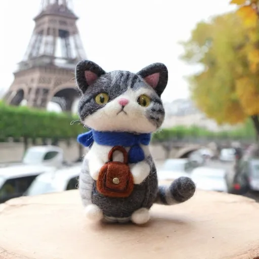 Prompt: gray and white calico cat is a tourist in Paris, France