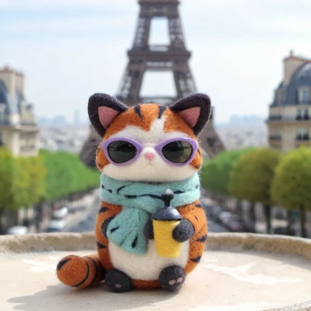 Prompt: gray and white calico cat is a tourist in Paris, France