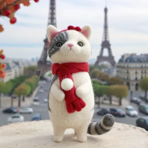 Prompt: (bicolor cat), gray and white fur, wearing a small red beret and scarf, standing in front of the Eiffel Tower, iconic Parisian backdrop, (quaint cafés), vibrant street with bustling tourists, charming architecture, (cheerful upbeat atmosphere), soft warm colors, beautifully detailed surroundings, with Parisian accents, capturing a whimsical travel vibe, (4K, ultra-detailed).