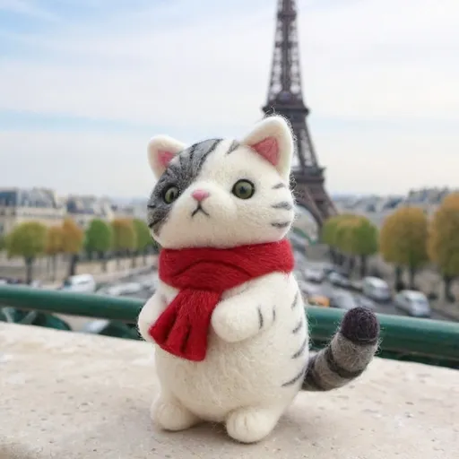 Prompt: (bicolor cat), gray and white fur, wearing a small red beret and scarf, standing in front of the Eiffel Tower, iconic Parisian backdrop, (quaint cafés), vibrant street with bustling tourists, charming architecture, (cheerful upbeat atmosphere), soft warm colors, beautifully detailed surroundings, with Parisian accents, capturing a whimsical travel vibe, (4K, ultra-detailed).