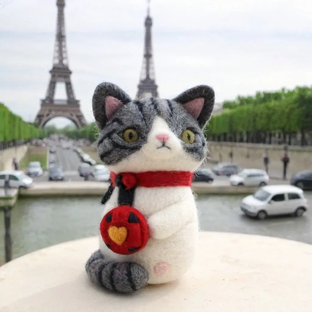 Prompt: gray and white calico cat is a tourist in Paris, France