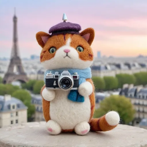 Prompt: gray and white calico cat is a tourist in Paris, France