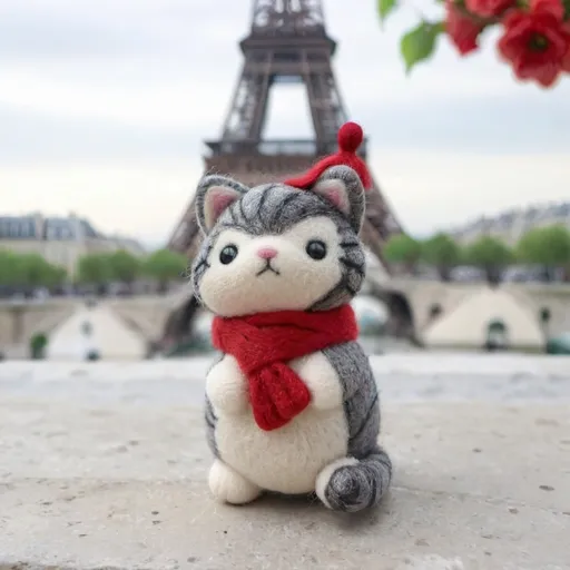 Prompt: (bicolor cat), gray and white fur, wearing a small red beret and scarf, standing in front of the Eiffel Tower, iconic Parisian backdrop, (quaint cafés), vibrant street with bustling tourists, charming architecture, (cheerful upbeat atmosphere), soft warm colors, beautifully detailed surroundings, with Parisian accents, capturing a whimsical travel vibe, (4K, ultra-detailed).