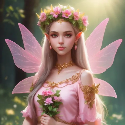 Prompt: Girl, elf, fairy, fantasy, flowers, dreaming, sunny day, pink, green, yellow, natural, she is Queen, grandiose fairy flower dress, grandiose fairy crown, hight quality, grandiose fairy flower wings, in hand she has grandiose fairy flower sceptre