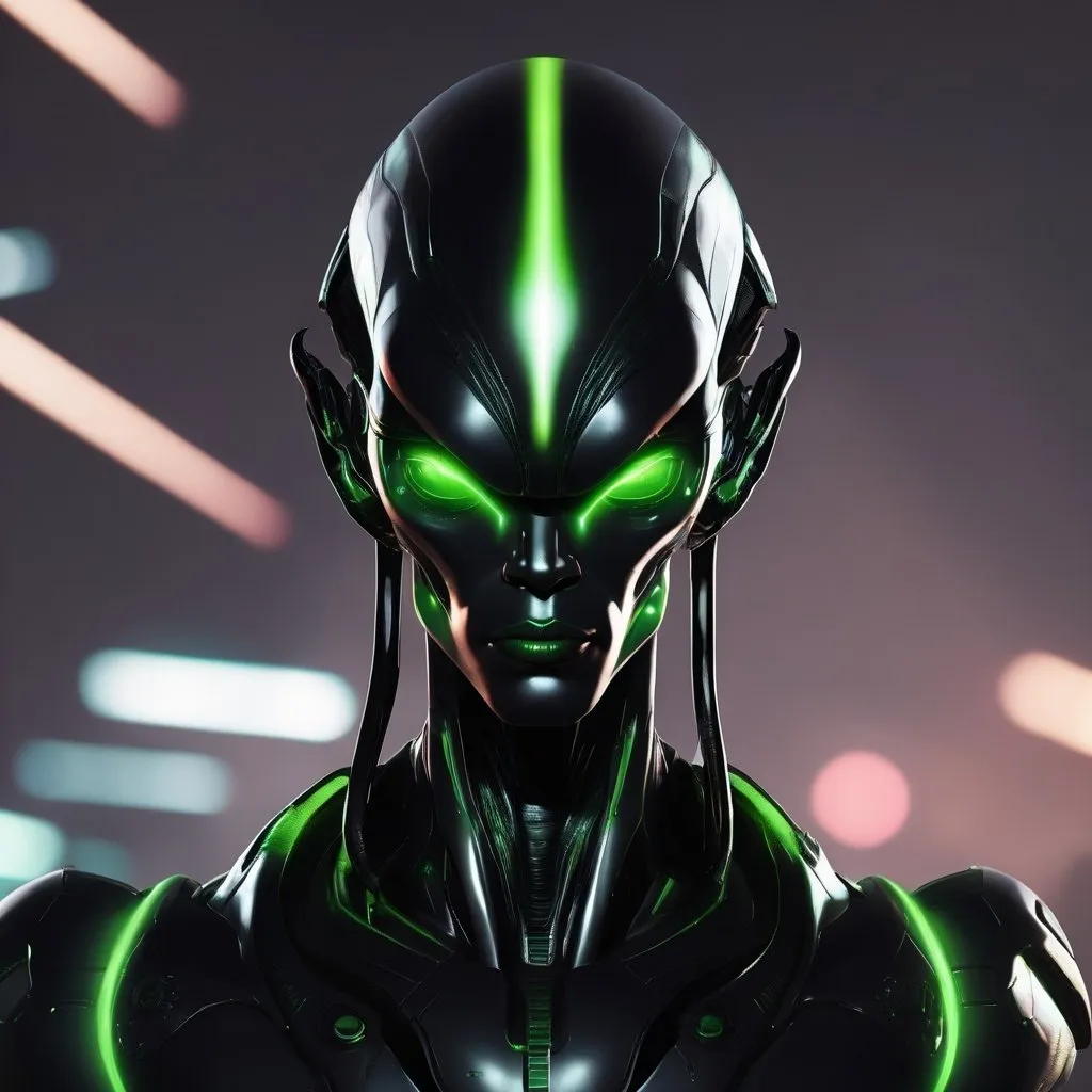 Prompt: Please generate sci-fi men alien, he has dark skin with light green lines, from future, light hair, black clothers with light green lines, he has heart shape lips, he has sci-fi future gun,