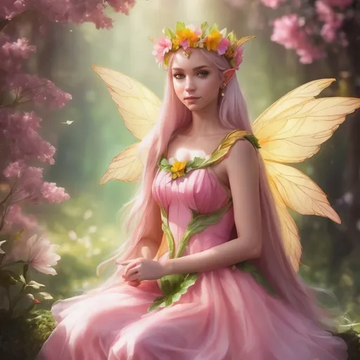 Prompt: Girl, elf, fairy, fantasy, flowers, dreaming, sunny day, pink, green, yellow, natural, she is Queen, grandiose fairy flower dress, grandiose fairy crown, hight quality, grandiose fairy flower wings