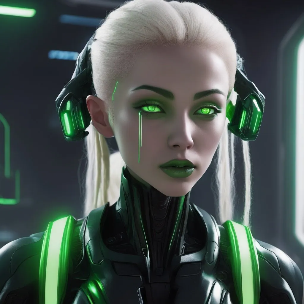 Prompt: Please generate sci-fi women alien, she has light skin with light green lines, from future, light hair, black clothers with light green lines, she has heart shape lips, she has sci-fi future gun,